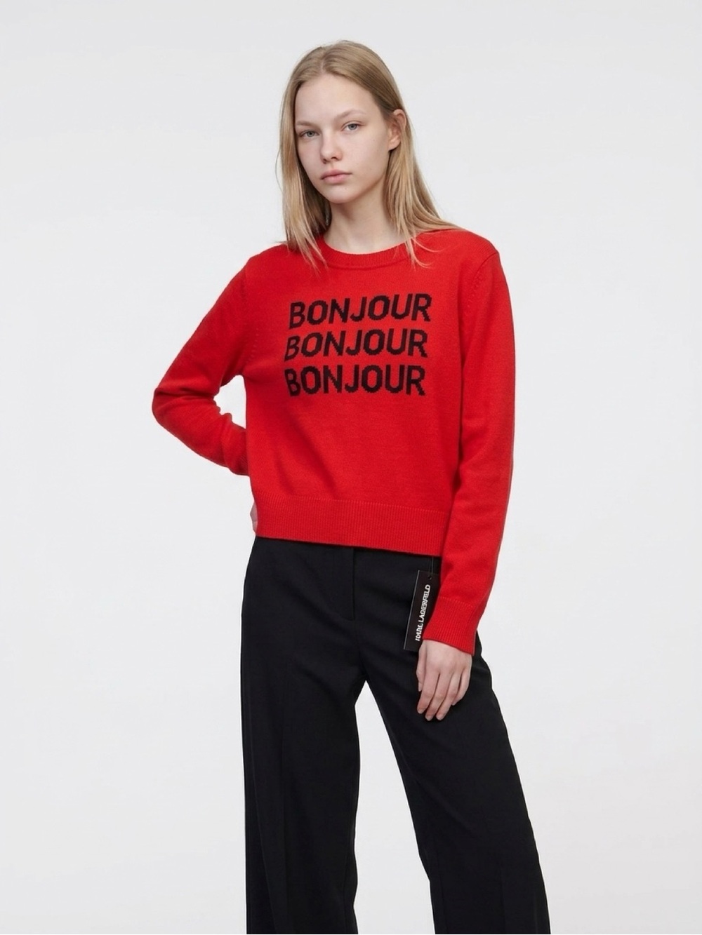 KARL LAGERFELD Red 'Bonjour' Crewneck Sweater 💕